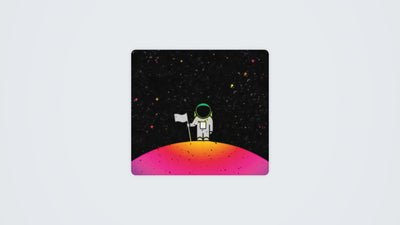 450 x 400 mm custom gaming mouse mat with a cartoon astronaut standing on a planet, in a spectrum of dark and RGB colours