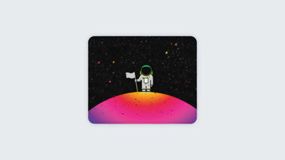 260 x 210 mm custom gaming mouse mat with a cartoon astronaut standing on a planet, in a spectrum of dark and RGB colours