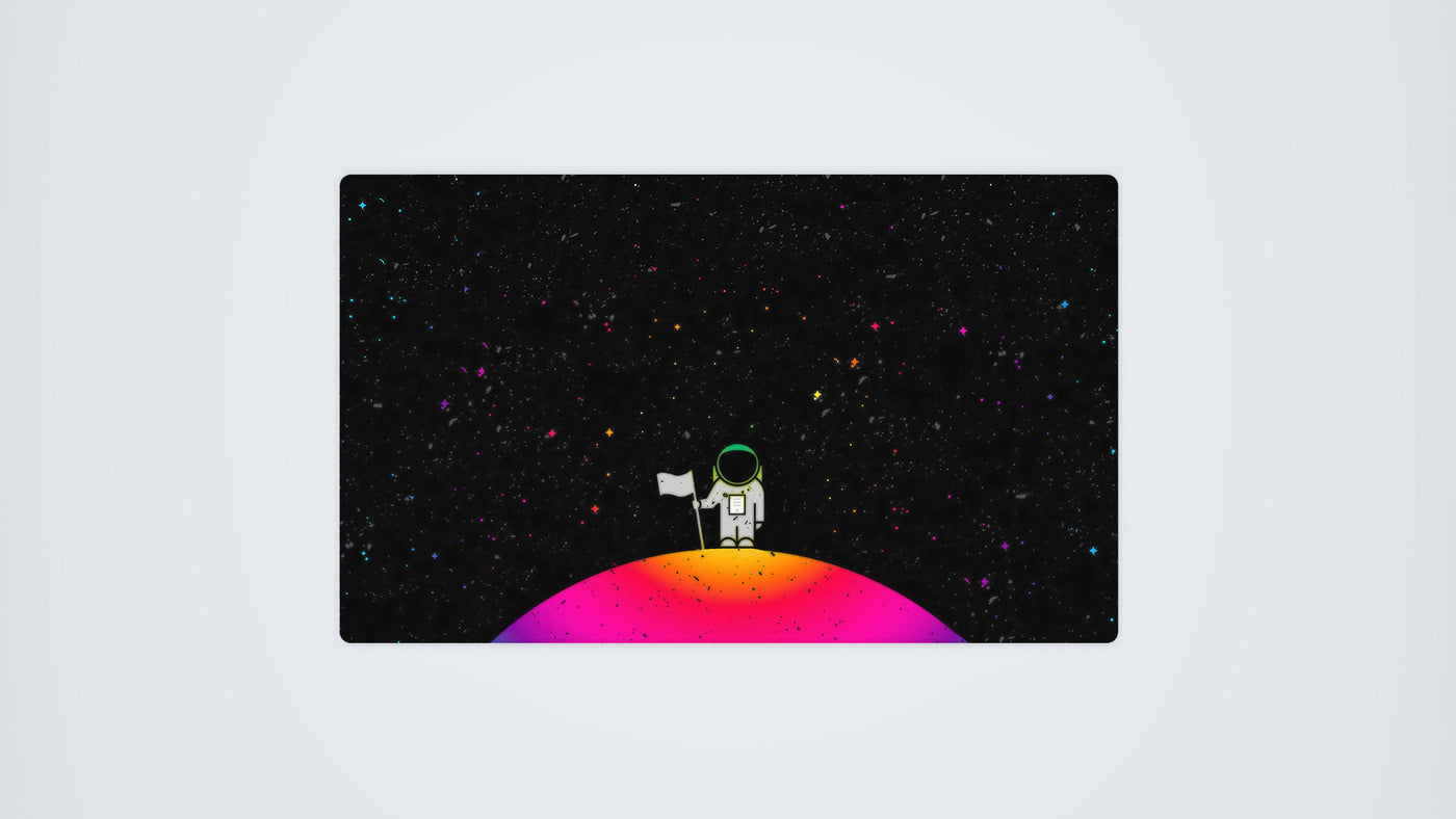 1000 x 600 mm custom gaming mouse mat with a cartoon astronaut standing on a planet, in a spectrum of dark and RGB colours