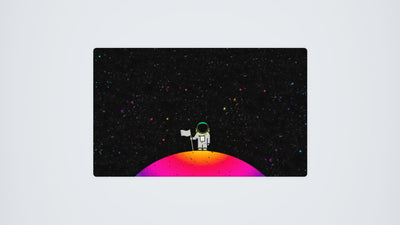 1000 x 600 mm custom gaming mouse mat with a cartoon astronaut standing on a planet, in a spectrum of dark and RGB colours