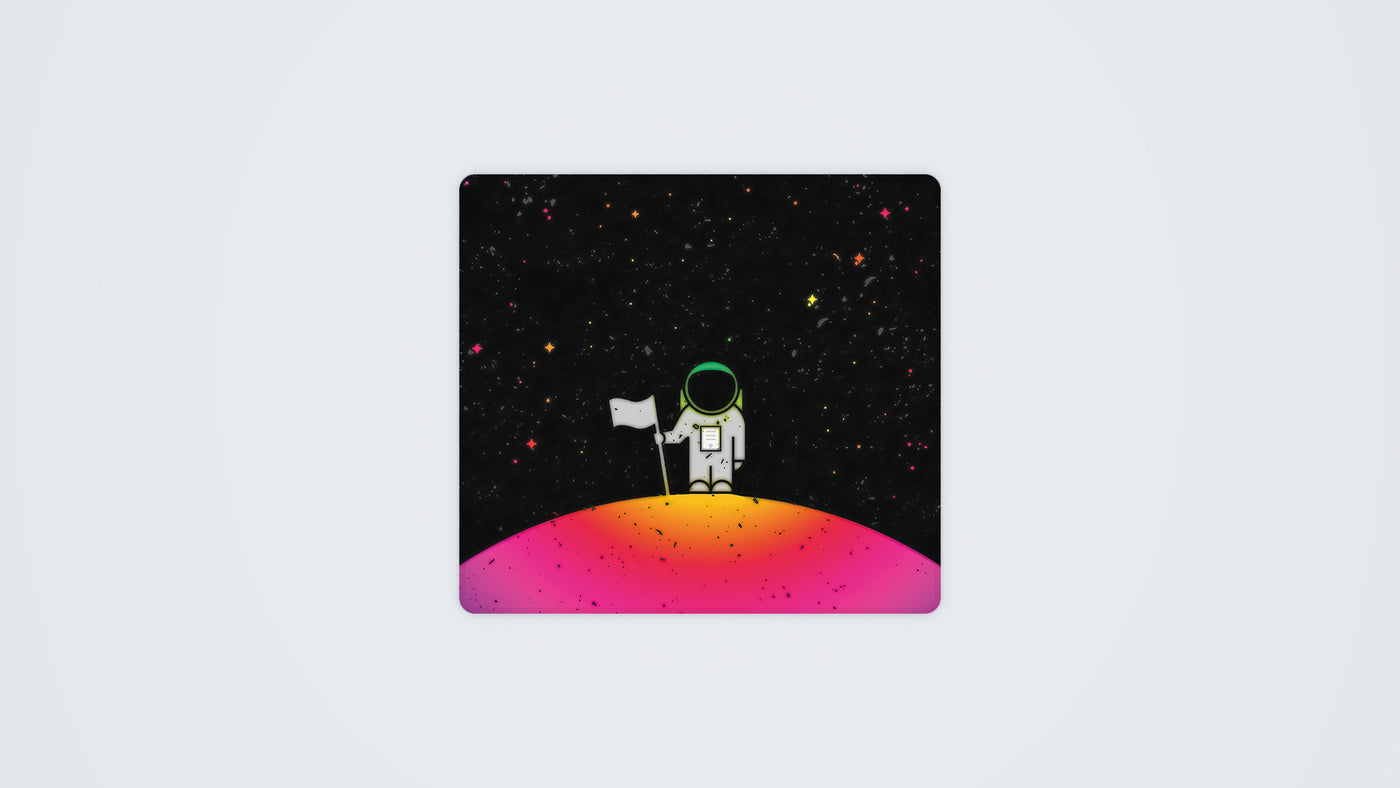 450 x 400 mm custom gaming mouse mat with a cartoon astronaut standing on a planet, in a spectrum of dark and RGB colours